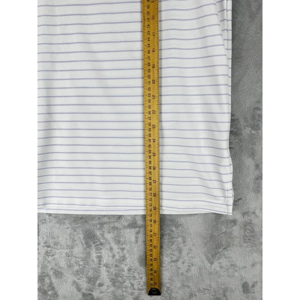 Greg Norman Mens Polo Shirt XL White Purple Striped Baltusrol Golf Play Dry Logo